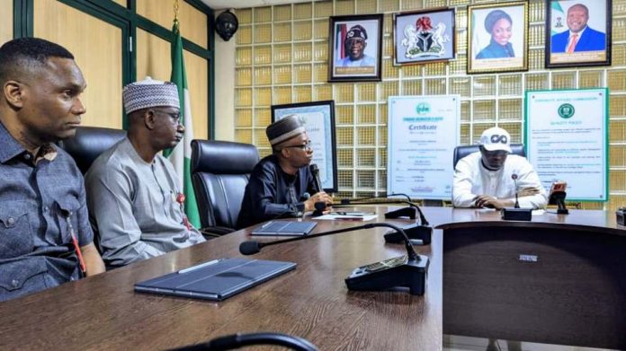 L-R: Director, Compliance and Certification Department (CCM), Engr. Isaiah Yesufu, Director, Civil and Infrastructure Department (CID), Engr. Nasir Bello, Director-General, Bureau of Public Procurement, Dr. Adebowale A. Adedokun, FCIPS, FCILT, FSM, and the Registrar of Corporate Affairs Commission (CAC), Huseni Ishaq Nagano, SAN, during the meeting of reaffirmation in the commitment to promote transparency and accountability in public procurement at CAC's Head Office, in Abuja
