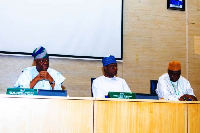 From left, the Honourable Minister of Finance and Coordinating Minister of the Economy, Wale Edun, the Permanent Secretary Finance, Mr Raymond O. Omachi and the Director Home Finance, FMF Mr Ali Mohammed today at the March 2026 FAAC meeting in Abuja.