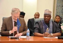 L-R, the European Union Ambassador to Nigeria and ECOWAS, Gautier Mignot and Minister of State for Agriculture and Food Security, Sen Dr Aliyu Sabi Abdullahi during the launching ceremony.