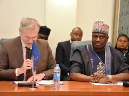 L-R, the European Union Ambassador to Nigeria and ECOWAS, Gautier Mignot and Minister of State for Agriculture and Food Security, Sen Dr Aliyu Sabi Abdullahi during the launching ceremony.