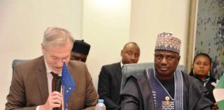 L-R, the European Union Ambassador to Nigeria and ECOWAS, Gautier Mignot and Minister of State for Agriculture and Food Security, Sen Dr Aliyu Sabi Abdullahi during the launching ceremony.