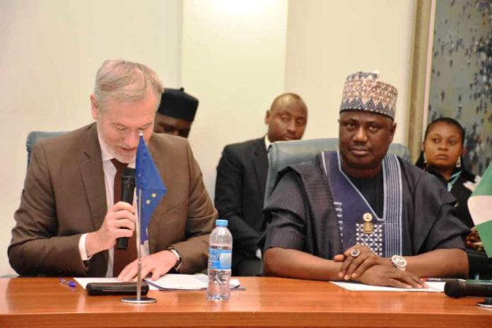 L-R, the European Union Ambassador to Nigeria and ECOWAS, Gautier Mignot and Minister of State for Agriculture and Food Security, Sen Dr Aliyu Sabi Abdullahi during the launching ceremony.