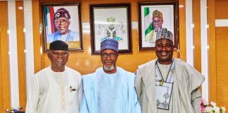 The Hon. Minister of Minister of Water Resources and Sanitation, Professor Joseph Utsev (left), The Chairman of the ACReSAL Federal Steering Committee and Minister of Environment, Mallam Balarabe Abbas Lawal (Middle) Minister of State for Agriculture and Food Security, Senator Aliyu Sabi Abdullahi (right) during the meeting at the Federal Ministry of Environment Headquarters, Abuja
