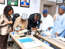 2nd left is the Permanent Secretary, Federal Ministry of Youth Development Dr.(Mrs) Maryam Keshinro while signing the MoUs with both Organisations in Abuja