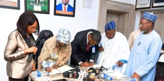 2nd left is the Permanent Secretary, Federal Ministry of Youth Development Dr.(Mrs) Maryam Keshinro while signing the MoUs with both Organisations in Abuja