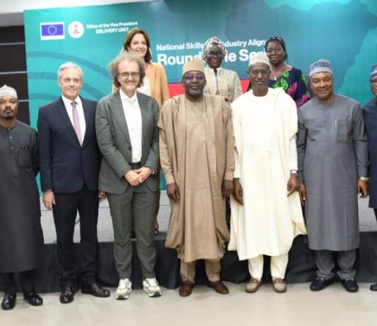 From left. A delegation from German Agency for International Cooperation, Dr. Markus Wagner: Head of Cooperation, Delegation to the EU, Mr Massimo DeLuca: Deputy Chief of Staff to the President office of the Vice President, Senator Ibrahim Hadejia: Minister for Housing and Urban Development, Ahmed Musa Dangiwa: Director General NDE, Silas Agara and SSA to the President, office of the Vice President, Head of Delivery, Mr. Akubo Adegbe during the launch of the National Skills and Industry Alignment Roundtable Series (Q1 2026).