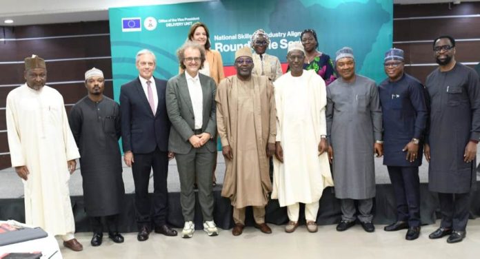 From left. A delegation from German Agency for International Cooperation, Dr. Markus Wagner: Head of Cooperation, Delegation to the EU, Mr Massimo DeLuca: Deputy Chief of Staff to the President office of the Vice President, Senator Ibrahim Hadejia: Minister for Housing and Urban Development, Ahmed Musa Dangiwa: Director General NDE, Silas Agara and SSA to the President, office of the Vice President, Head of Delivery, Mr. Akubo Adegbe during the launch of the National Skills and Industry Alignment Roundtable Series (Q1 2026).