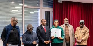 L-R: President NBBF, Engr. Musa Kida, NSC DG, Hon.Bukola Olopade, NSC Chairman Shehu Dikko, Team captain Amy Okonkwo, NBBF Vice President, Babs Ogunade and SSA to the President on Grassroots Sports Adegboye Adeyinka, as federal government delegation to Lyon, France for the presentation of houses gifts and national honours to D'Tigress in fulfilment of the promise by President Bola Ahmed Tinubu last year.