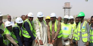 5TH from left: Hon. Minister of Aviation and Aerospace Development, Festus Keyamo, SAN, Performing the Grand Breaking Ceremony of Nigerian Airspace Management Agency Headquarters and Air Traffic Management (ATM) Center at Nnamdi Azikiwe International Airport, Abuja.