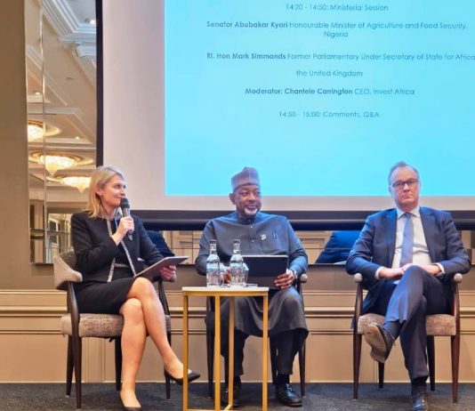The Minister of Agriculture and Food Security, Sen Abubakar Kyari (C), during the Nigeria- United kingdom forum meeting in London, England.
