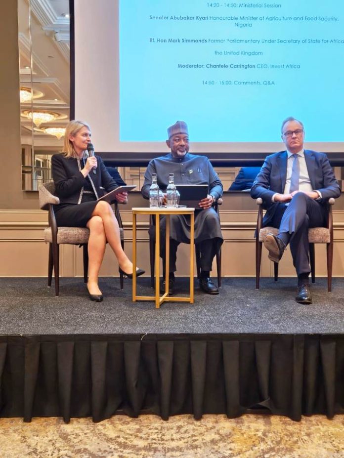 The Minister of Agriculture and Food Security, Sen Abubakar Kyari (C), during the Nigeria- United kingdom forum meeting in London, England.