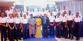 Representative of the Honourable Minister, Director, Information & PR, Federal Ministry of Marine and Blue Economy, Anastasia Ogbonna (m front row), flanked by the Acting Rector, Maritime Academy of Nigeria, Oron, Dr. Kevin Okonna (r,), and Managing Director, NLNG Shipping and Marine Services Limited (NSML), Abdulkadir Ahmed (l) with first batch of thirty (30) cadets from Maritime Academy of Nigeria (MAN), Oron, inducted by NLNG Shipping and Marine Services Limited (NSML) for their mandatory one-year sea-time experience.