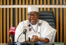 Secretary to the Government of the Federation, Sen. George Akume CON making his inauguration speech during the Inauguration ceremony of the Board of the National Pension Commission in Abuja.