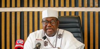 Secretary to the Government of the Federation, Sen. George Akume CON making his inauguration speech during the Inauguration ceremony of the Board of the National Pension Commission in Abuja.