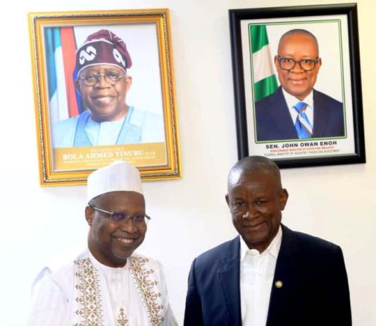The Hon. Min. of State (Industry) FMITI, Sen. John Owan Enoh (right) in a handshake with the President &member, FEPSAN , Mr Sadiq Kassim (left) shortly after a meeting with the members of Fertilizer Producers & Suppliers Association of Nigeria (FEPSAN) on Wednesday 11326.