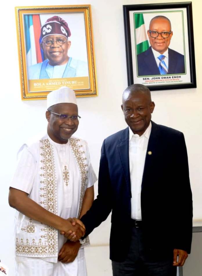 The Hon. Min. of State (Industry) FMITI, Sen. John Owan Enoh (right) in a handshake with the President &member, FEPSAN , Mr Sadiq Kassim (left) shortly after a meeting with the members of Fertilizer Producers & Suppliers Association of Nigeria (FEPSAN) on Wednesday 11326.