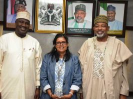 L-R, the Minister of State for Agriculture and Food Security, Sen Dr Aliyu Sabi Abdullahi, President, Heifer International, Surita Sandosham and Minister of Agriculture and Food Security, Sen Abubakar Kyari during the courtesy visit in Abuja.