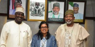 L-R, the Minister of State for Agriculture and Food Security, Sen Dr Aliyu Sabi Abdullahi, President, Heifer International, Surita Sandosham and Minister of Agriculture and Food Security, Sen Abubakar Kyari during the courtesy visit in Abuja.