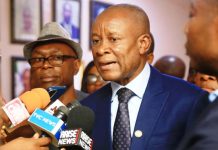 The Hon. Min. State (Industry) FMITI, Sen. John Owan Enoh, speaking to the press after a meeting with some members of the Rice Processors Association of Nigeria, on Monday 9/3/26.