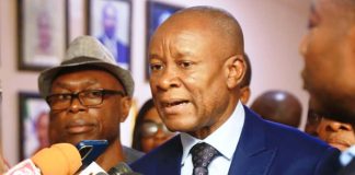 The Hon. Min. State (Industry) FMITI, Sen. John Owan Enoh, speaking to the press after a meeting with some members of the Rice Processors Association of Nigeria, on Monday 9/3/26.