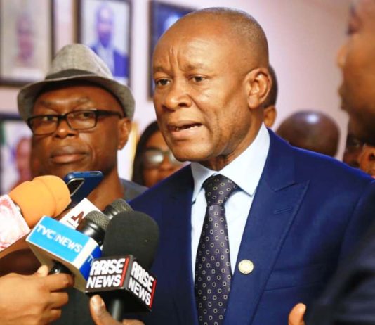 The Hon. Min. State (Industry) FMITI, Sen. John Owan Enoh, speaking to the press after a meeting with some members of the Rice Processors Association of Nigeria, on Monday 9/3/26.