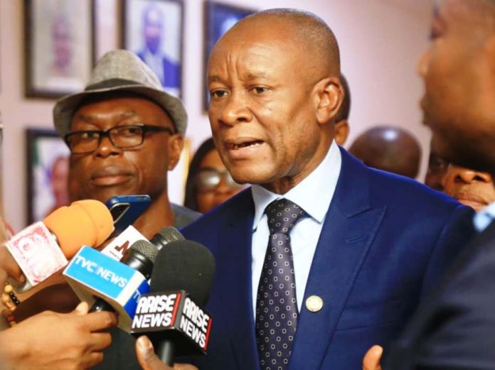 The Hon. Min. State (Industry) FMITI, Sen. John Owan Enoh, speaking to the press after a meeting with some members of the Rice Processors Association of Nigeria, on Monday 9/3/26.