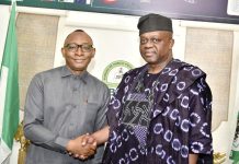 Left: Director-General, Bureau of Public Procurement (BPP), Dr. Adebowale A. Adedokun, FCIPS, FCILT, FMS, Pro-Chancellor, Yakubu Gowon University, Sen. Tejuoso Olanrewaju in a warm handshake during the University leadership and its Management team visited the Bureau's office in Abuja
