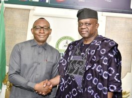 Left: Director-General, Bureau of Public Procurement (BPP), Dr. Adebowale A. Adedokun, FCIPS, FCILT, FMS, Pro-Chancellor, Yakubu Gowon University, Sen. Tejuoso Olanrewaju in a warm handshake during the University leadership and its Management team visited the Bureau's office in Abuja
