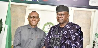 Left: Director-General, Bureau of Public Procurement (BPP), Dr. Adebowale A. Adedokun, FCIPS, FCILT, FMS, Pro-Chancellor, Yakubu Gowon University, Sen. Tejuoso Olanrewaju in a warm handshake during the University leadership and its Management team visited the Bureau's office in Abuja