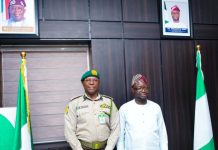 From right: The Honourable Minister, Federal Ministry of Humanitarian Affairs and Poverty Reduction, Dr. Bernard M. Doro and Controller-General, Nigerian Correctional Service, SN. Nwakuche during a courtesy visit by the Controller-General.