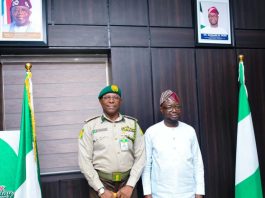 From right: The Honourable Minister, Federal Ministry of Humanitarian Affairs and Poverty Reduction, Dr. Bernard M. Doro and Controller-General, Nigerian Correctional Service, SN. Nwakuche during a courtesy visit by the Controller-General.