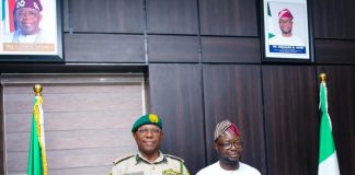 From right: The Honourable Minister, Federal Ministry of Humanitarian Affairs and Poverty Reduction, Dr. Bernard M. Doro and Controller-General, Nigerian Correctional Service, SN. Nwakuche during a courtesy visit by the Controller-General.