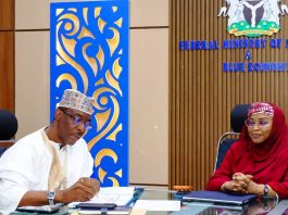 The Permanent Secretary, Federal Ministry of Marine and Blue Economy, FMMBE, Mrs. Fatima Sugra Tabi'a Mahmood, (r) and the Chief Executive Officer, Admiralty Maritime Services, Rear Admiral Muhsin Abba (rtd) during a courtesy call by the latter.