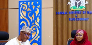 The Permanent Secretary, Federal Ministry of Marine and Blue Economy, FMMBE, Mrs. Fatima Sugra Tabi'a Mahmood, (r) and the Chief Executive Officer, Admiralty Maritime Services, Rear Admiral Muhsin Abba (rtd) during a courtesy call by the latter.