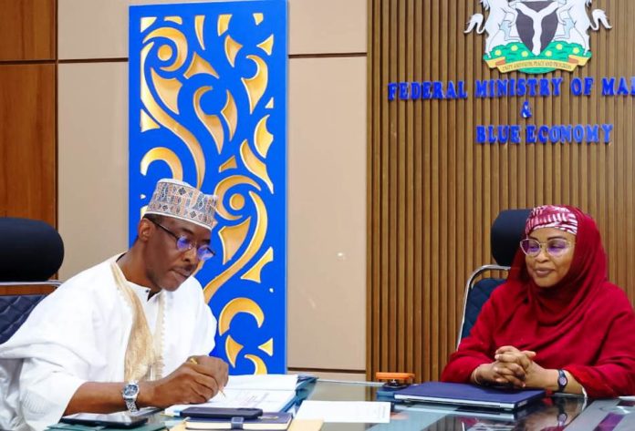 The Permanent Secretary, Federal Ministry of Marine and Blue Economy, FMMBE, Mrs. Fatima Sugra Tabi'a Mahmood, (r) and the Chief Executive Officer, Admiralty Maritime Services, Rear Admiral Muhsin Abba (rtd) during a courtesy call by the latter.
