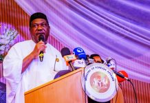 Representative of His Excellency, President Bola Ahmed Tinubu and Secretary to the Government of the Federation, Sen. George Akume CON delivering the keynote address at the induction ceremony for Ambassadors and High Commisoners Designate at Ministry of Foreign Affairs, Abuja.