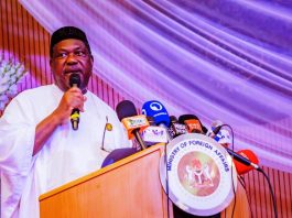 Representative of His Excellency, President Bola Ahmed Tinubu and Secretary to the Government of the Federation, Sen. George Akume CON delivering the keynote address at the induction ceremony for Ambassadors and High Commisoners Designate at Ministry of Foreign Affairs, Abuja.