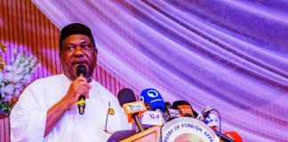 Representative of His Excellency, President Bola Ahmed Tinubu and Secretary to the Government of the Federation, Sen. George Akume CON delivering the keynote address at the induction ceremony for Ambassadors and High Commisoners Designate at Ministry of Foreign Affairs, Abuja.