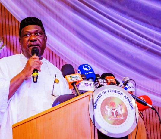 Representative of His Excellency, President Bola Ahmed Tinubu and Secretary to the Government of the Federation, Sen. George Akume CON delivering the keynote address at the induction ceremony for Ambassadors and High Commisoners Designate at Ministry of Foreign Affairs, Abuja.