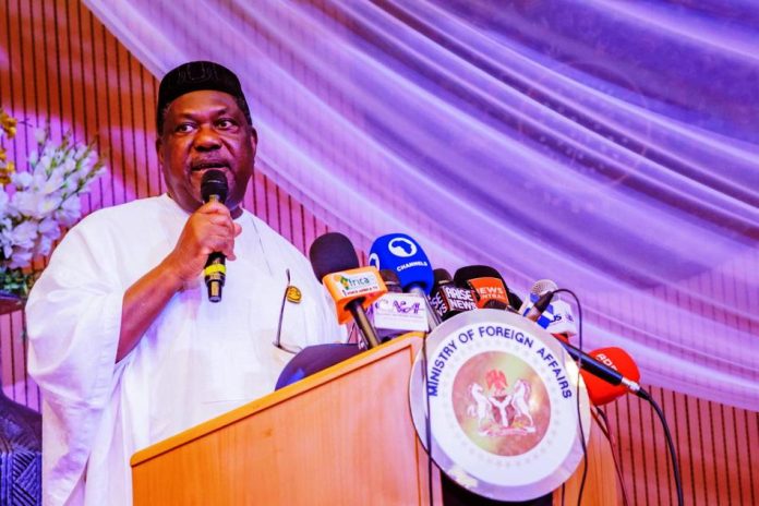 Representative of His Excellency, President Bola Ahmed Tinubu and Secretary to the Government of the Federation, Sen. George Akume CON delivering the keynote address at the induction ceremony for Ambassadors and High Commisoners Designate at Ministry of Foreign Affairs, Abuja.