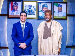 L-R, the United Nations Assistant Secretary General Youth Affairs, Dr Fellipe Paullier and Minister of Agriculture and Food Security, Sen Abubakar Kyari during the couresty visit.