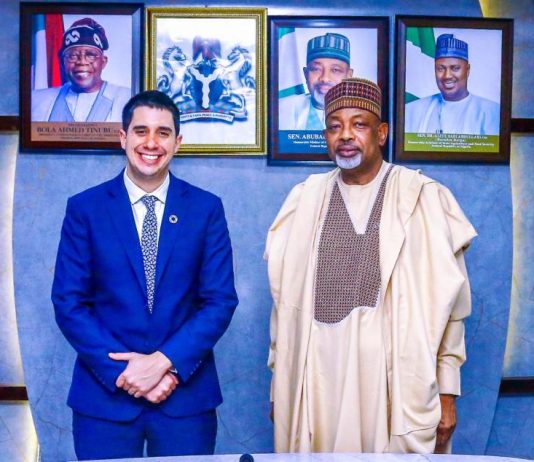 L-R, the United Nations Assistant Secretary General Youth Affairs, Dr Fellipe Paullier and Minister of Agriculture and Food Security, Sen Abubakar Kyari during the couresty visit.