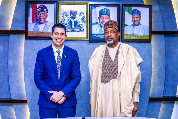 L-R, the United Nations Assistant Secretary General Youth Affairs, Dr Fellipe Paullier and Minister of Agriculture and Food Security, Sen Abubakar Kyari during the couresty visit.