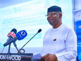 The Honourable Minister of Water Resources and Sanitation, Engr.Prof. Joseph Terlumun Utsev, FNSE, delivering his Opening address at the 2026 AMCOW Statutory Meeting For Western Africa and Consultations on the First Implementation Plan 2026-2033 of the African Water Vision 2063 and policy, held today in Abuja