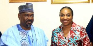 The Hon. Min. FMITI, Dr. Jumoke Oduwole MFR. , in a handshake with the Chairman of the just Inaugurated Board of Nigeria Commodity Exchange (NCX) , Alhaji Dalhatu Abubakar, after the Inauguration in Abuja on Wednesday 8/4/26.
