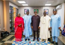 L–R: Executive-Director, Commercial and Industrialisation, North Central Development Commission (NCDC), Hajiya Ramatu Ibrahim; Managing Director, NCDC, Dr. Cyril Tsenyil; Minister of Solid Minerals Development, Mr. Dele Alake; Executive-Director, Finance, NCDC, Prof. Muhammed Bashar Nuhu; and Executive-Director, Corporate Services, NCDC, James Abel Uloko, during a courtesy visit to the Ministry of Solid Minerals Development in Abuja.