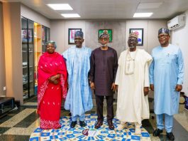 L–R: Executive-Director, Commercial and Industrialisation, North Central Development Commission (NCDC), Hajiya Ramatu Ibrahim; Managing Director, NCDC, Dr. Cyril Tsenyil; Minister of Solid Minerals Development, Mr. Dele Alake; Executive-Director, Finance, NCDC, Prof. Muhammed Bashar Nuhu; and Executive-Director, Corporate Services, NCDC, James Abel Uloko, during a courtesy visit to the Ministry of Solid Minerals Development in Abuja.