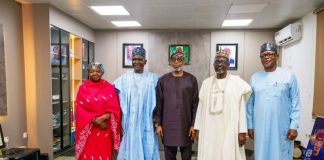 L–R: Executive-Director, Commercial and Industrialisation, North Central Development Commission (NCDC), Hajiya Ramatu Ibrahim; Managing Director, NCDC, Dr. Cyril Tsenyil; Minister of Solid Minerals Development, Mr. Dele Alake; Executive-Director, Finance, NCDC, Prof. Muhammed Bashar Nuhu; and Executive-Director, Corporate Services, NCDC, James Abel Uloko, during a courtesy visit to the Ministry of Solid Minerals Development in Abuja.
