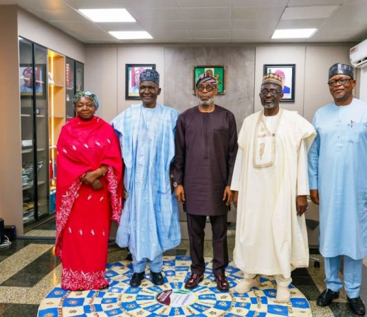 L–R: Executive-Director, Commercial and Industrialisation, North Central Development Commission (NCDC), Hajiya Ramatu Ibrahim; Managing Director, NCDC, Dr. Cyril Tsenyil; Minister of Solid Minerals Development, Mr. Dele Alake; Executive-Director, Finance, NCDC, Prof. Muhammed Bashar Nuhu; and Executive-Director, Corporate Services, NCDC, James Abel Uloko, during a courtesy visit to the Ministry of Solid Minerals Development in Abuja.