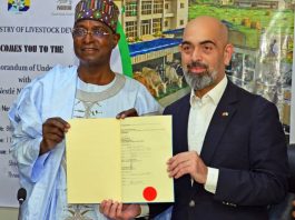 The Honourable Minister Federal Ministry of Livestock Development, Idi Mukhtar Maiha at the centre flanked by the MD /CEO Nestle Nigeria Plc, Mr Wassim Elhussienni, during the Mou signing ceremony today in Abuja.